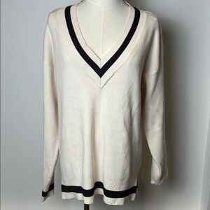 Cream V-Neck Sweater with Black Stripe Trim
